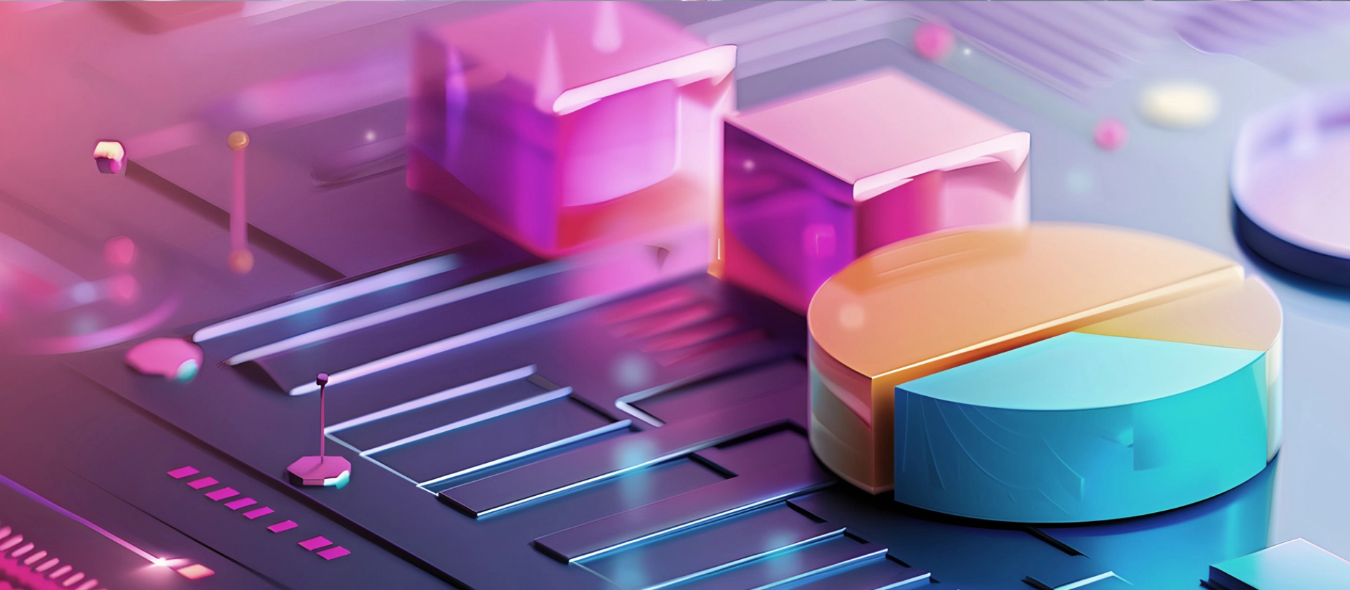 Symbolic image for automated reporting: Abstract 3D visualization of charts and data surfaces in vivid colors – representing customizable reporting, automation, and data visualization in Siron® systems.