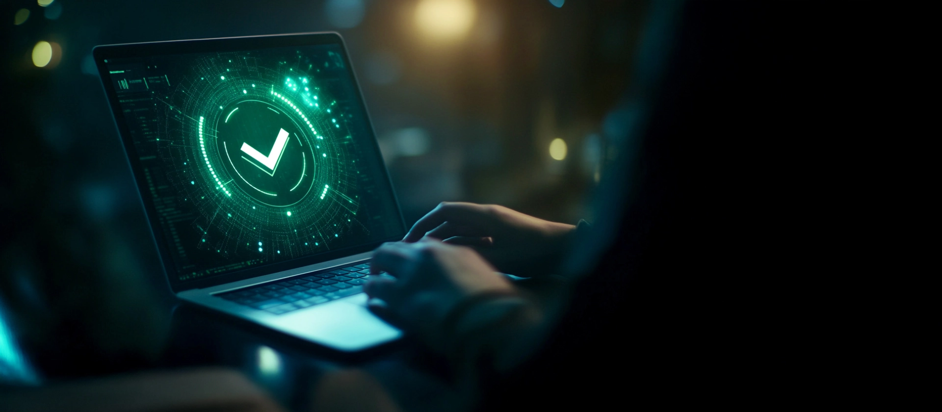 Symbolic image for digital compliance services: Laptop displaying a green checkmark on a futuristic interface – representing automation, efficiency, and secure, scalable compliance solutions for the digital era.