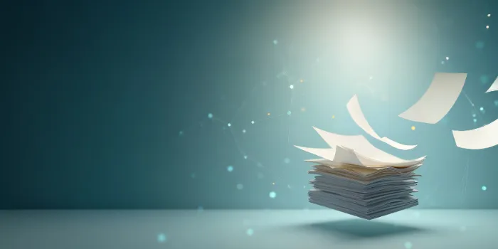 Symbolic image for compliance outsourcing: Stack of papers with sheets flying away on a digital background – representing relief, automation, and externalisation of compliance processes.